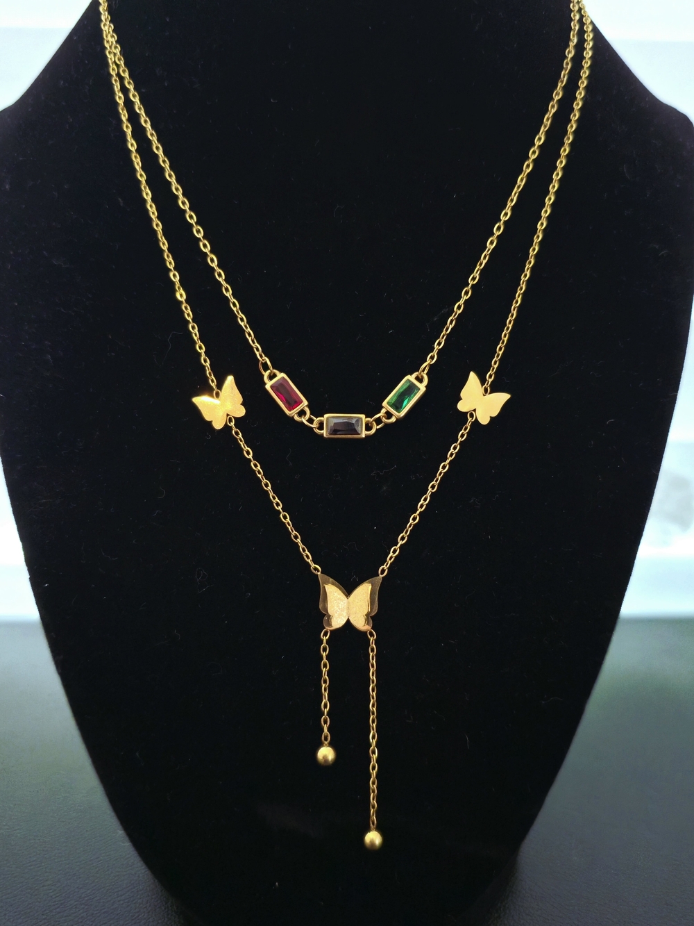 18K Gold Plated‎ Butterfly Layered Necklace with Multicolor Stones B003